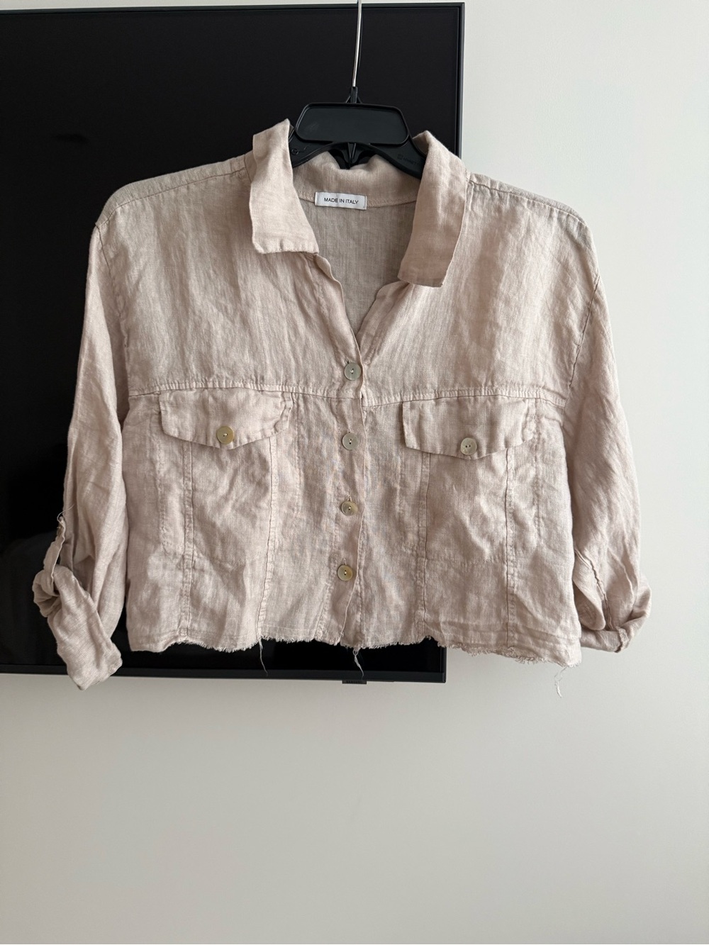 Short linen fray crop jacket ONE SIZE